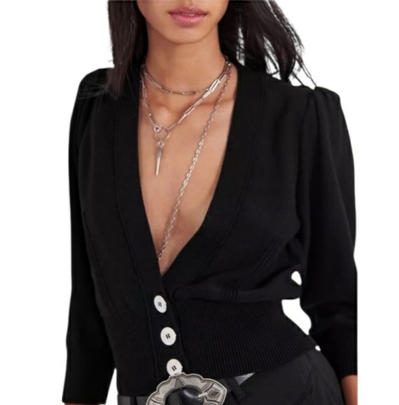 ba&sh "Ameo" Black V-Neck Knit Crop Cardigan. Silver Buttons. 3/4 Sleeves. XS. - Picture 2 of 14